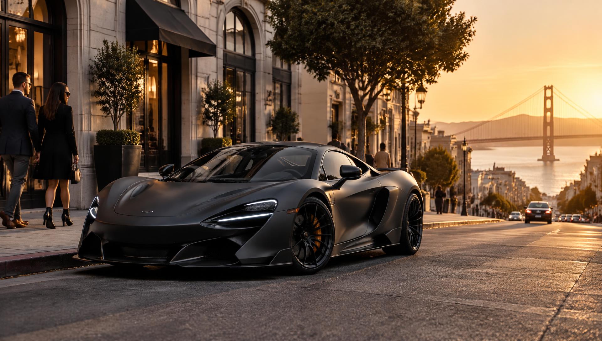 Matte exotic car on a San Francisco street at golden hour